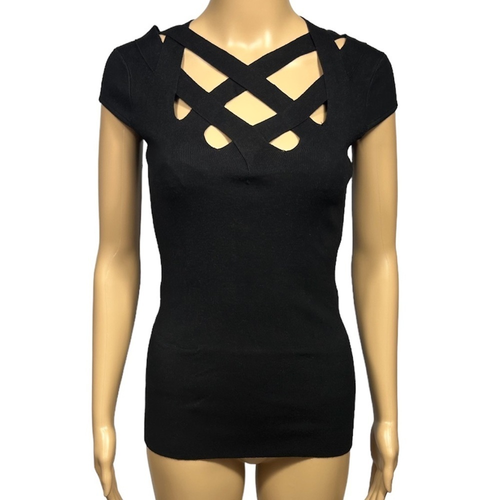 NEW Cache Knit Top Size S Black Crisscross Straps Cap Sleeves Bodycon Blouse